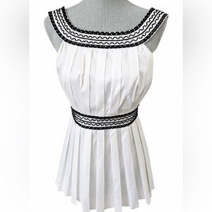Moda International Beaded Empire Waist Pleated Peplum Top White Black Size M